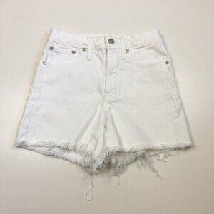 MADEWELL White High Rise Raw Edge Hem 5 Pocket Logo Hardware Denim Shorts